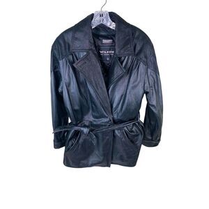 Wilsons Leather Coat Jacket Womens XS Black Belted Mid Length